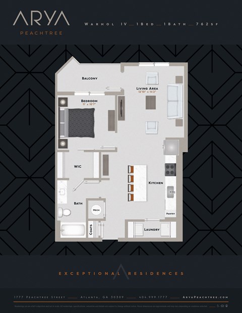 One Bedroom One Bath Warhol 4 floor plan at Arya Peachtree, Atlanta, GA